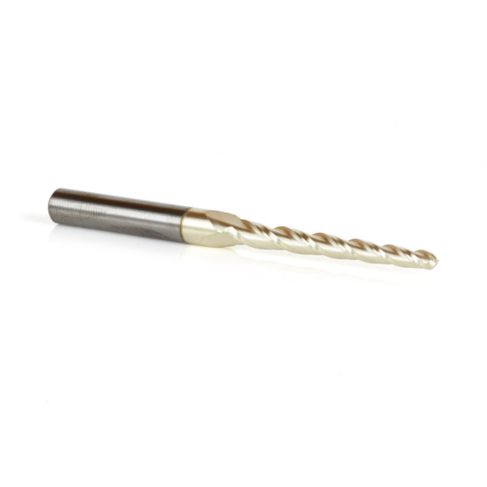 46474 Metric CNC 2D and 3D Carving 1 Deg Tapered Angle Ball Tip x 3.2mm Dia x 1.6mm Radius x 38mm x 6mm Shank x 75mm Long x 3 Flute Solid Carbide Up-Cut Spiral ZrN Coated Router Bit