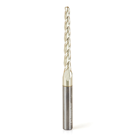 46474 Metric CNC 2D and 3D Carving 1 Deg Tapered Angle Ball Tip x 3.2mm Dia x 1.6mm Radius x 38mm x 6mm Shank x 75mm Long x 3 Flute Solid Carbide Up-Cut Spiral ZrN Coated Router Bit - San Tools Dubai (image 1)