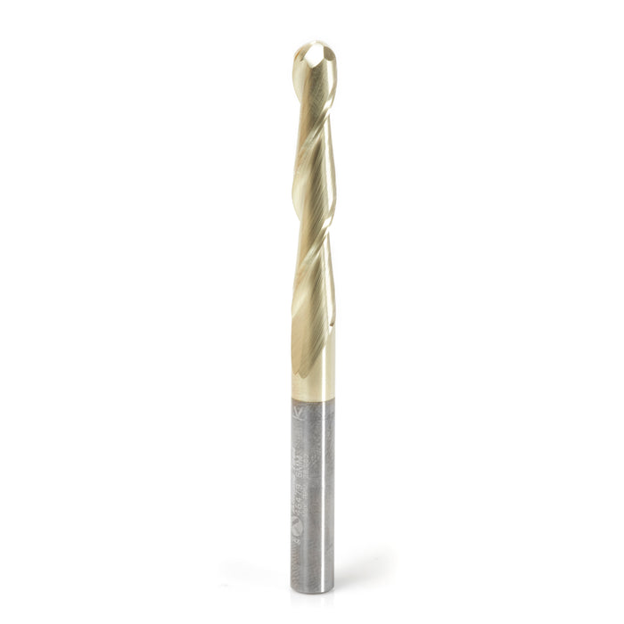 46479 Metric CNC 2D and 3D Carving 0.10 Deg Straight Angle Ball Tip x 6mm Dia x 3mm Radius x 38mm x 6mm Shank x 75mm Long x 2 Flute Solid Carbide ZrN Coated Router Bit