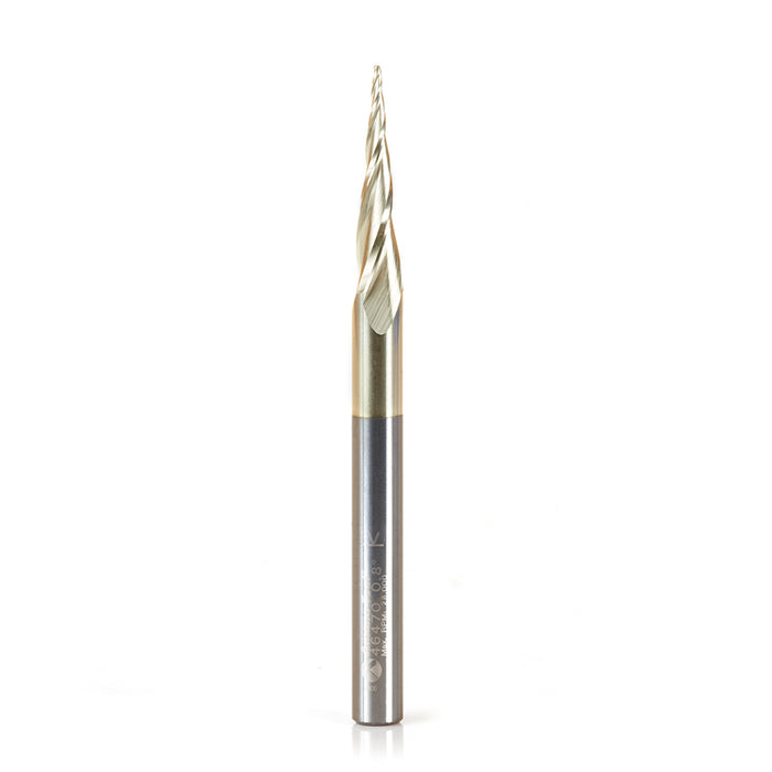 46470 CNC 2D and 3D Carving 6.2 Deg Tapered Angle Ball Tip x 0.8mm Dia x 0.40mm Radius x 25mm x 6mm Shank x 75mm Long x 3 Flute Up-Cut Spiral Solid Carbide ZrN Coated