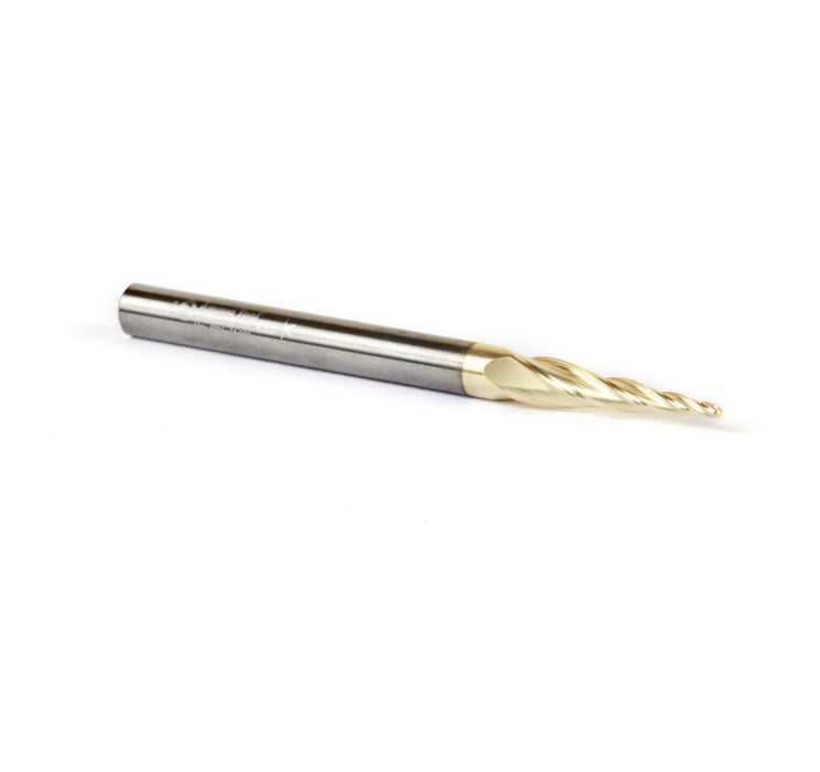 46472 Metric CNC 2D and 3D Carving 5.4 Deg Tapered Angle Ball Tip x 1.5mm Dia x 0.75mm Radius x 25mm x 6mm Shank x 75mm Long x 4 Flute Solid Carbide Up-Cut Spiral ZrN Coated