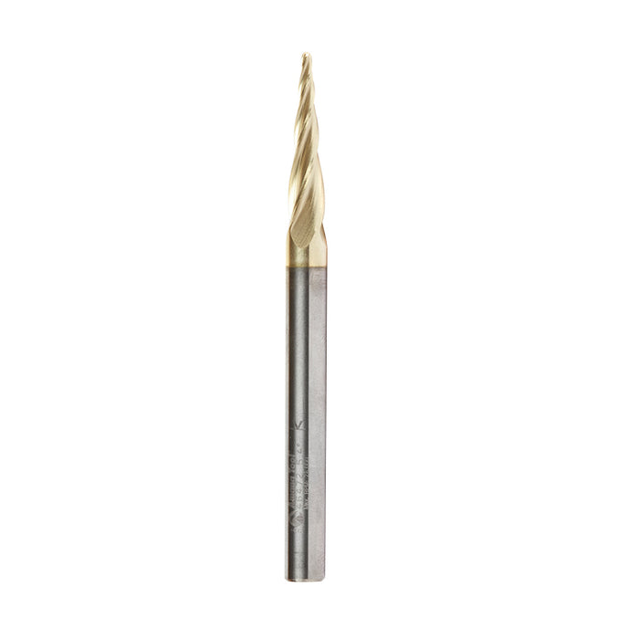 46472 Metric CNC 2D and 3D Carving 5.4 Deg Tapered Angle Ball Tip x 1.5mm Dia x 0.75mm Radius x 25mm x 6mm Shank x 75mm Long x 4 Flute Solid Carbide Up-Cut Spiral ZrN Coated