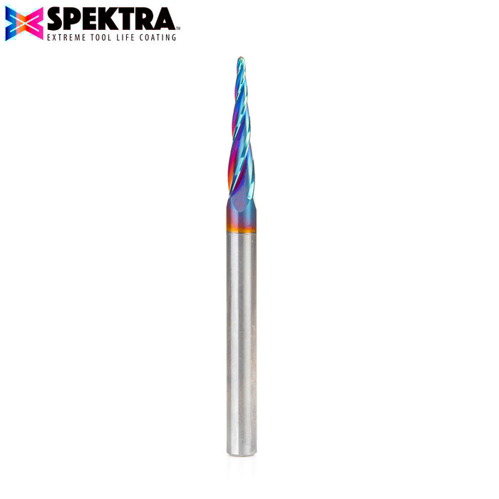 48422-K CNC 2D and 3D Carving 5.4 Deg Tapered Angle Ball Tip x 1.5mm Dia x 0.75mm Radius x 26mm x 6mm Shank x 76mm Long x 4 Flute Solid Carbide Up-Cut Spiral Spektra™ Extreme Tool Life Coated Router Bit