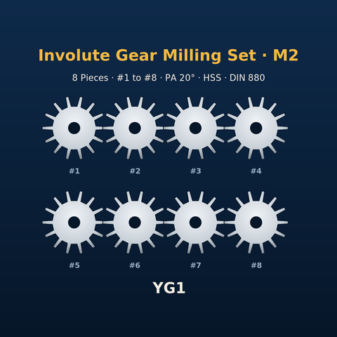 YG1 Involute Gear Milling Cutter Set Module 2 (8 Pieces)